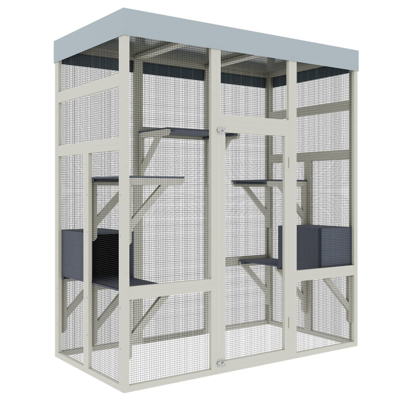 62.6' Gray Wooden Catio Outdoor Pet Enclosure with Waterproof Top, Spacious and Secure Cat House & Small Animal Cage, Black Rust-proof Metal Wire