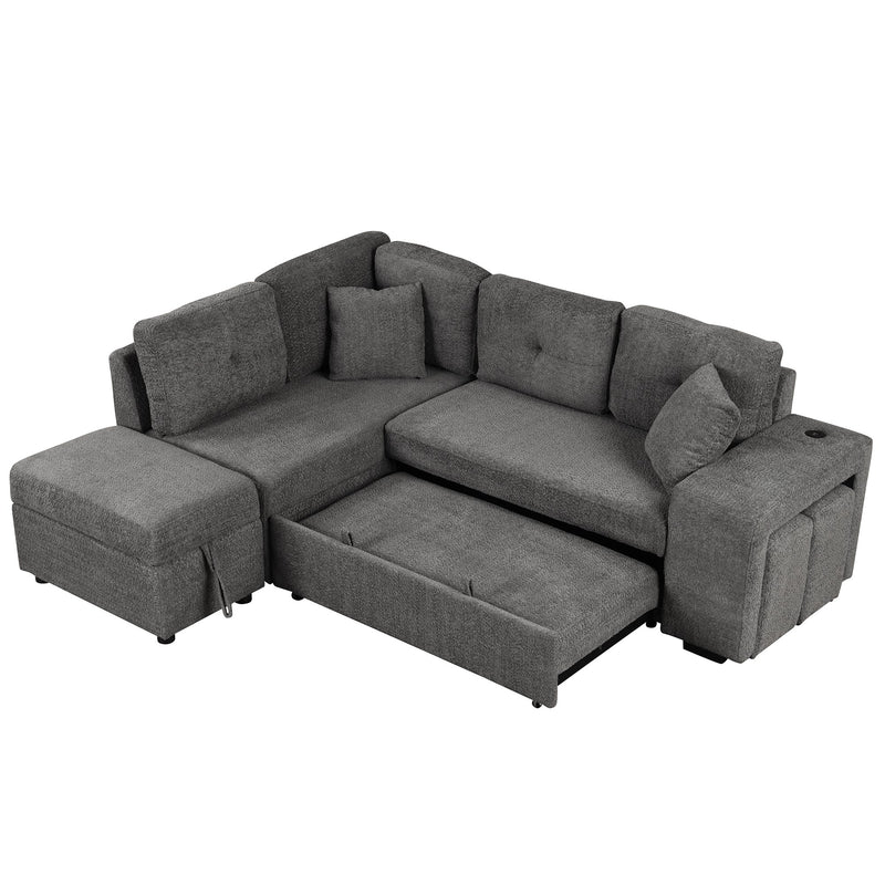 87.7" Convertible Sleeper, Sectional Pull Out Sofa Bed with Storage Ottoman, 2 Throw Pillows, 2 Stools, Wireless Charger and Two Hidden USB Ports for Living Room, Dark Gray