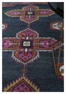 8.3x9.10 Hand Knotted Charcoal, Silver and Pink Traditional Heriz Wool Area Rug