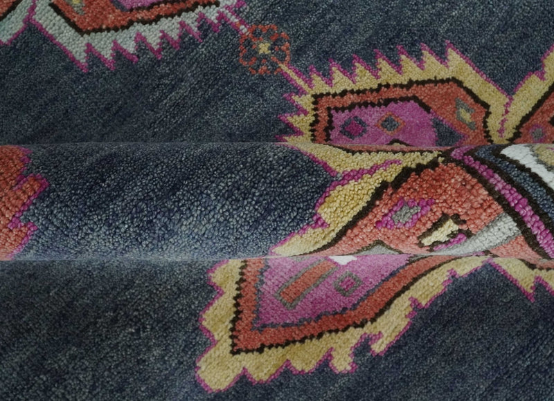 8.3x9.10 Hand Knotted Charcoal, Silver and Pink Traditional Heriz Wool Area Rug