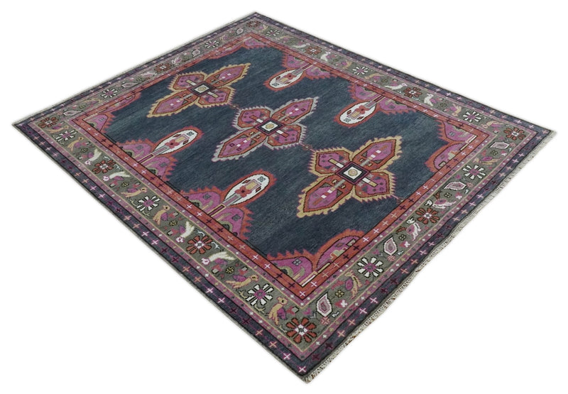 8.3x9.10 Hand Knotted Charcoal, Silver and Pink Traditional Heriz Wool Area Rug