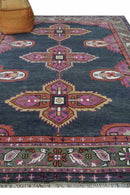 8.3x9.10 Hand Knotted Charcoal, Silver and Pink Traditional Heriz Wool Area Rug
