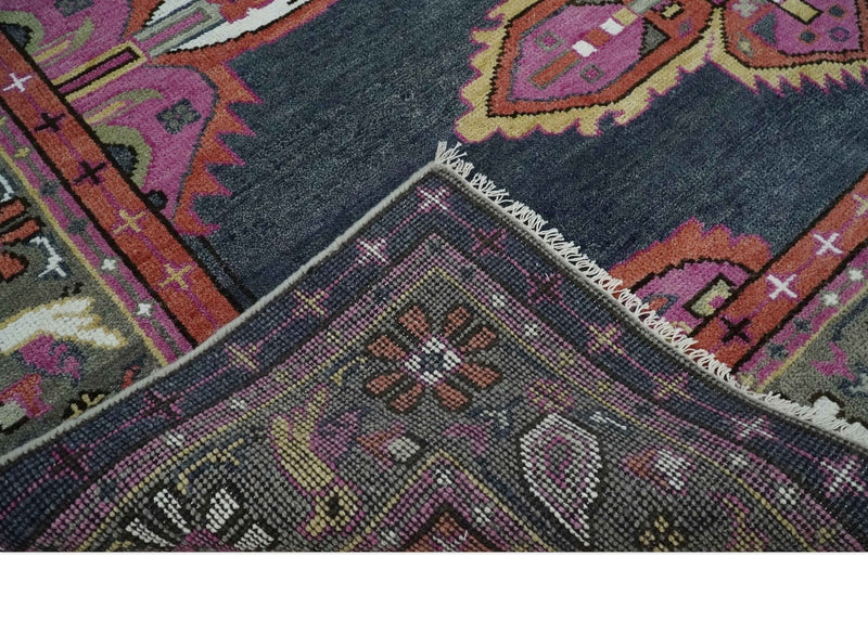 8.3x9.10 Hand Knotted Charcoal, Silver and Pink Traditional Heriz Wool Area Rug