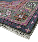 8.3x9.10 Hand Knotted Charcoal, Silver and Pink Traditional Heriz Wool Area Rug