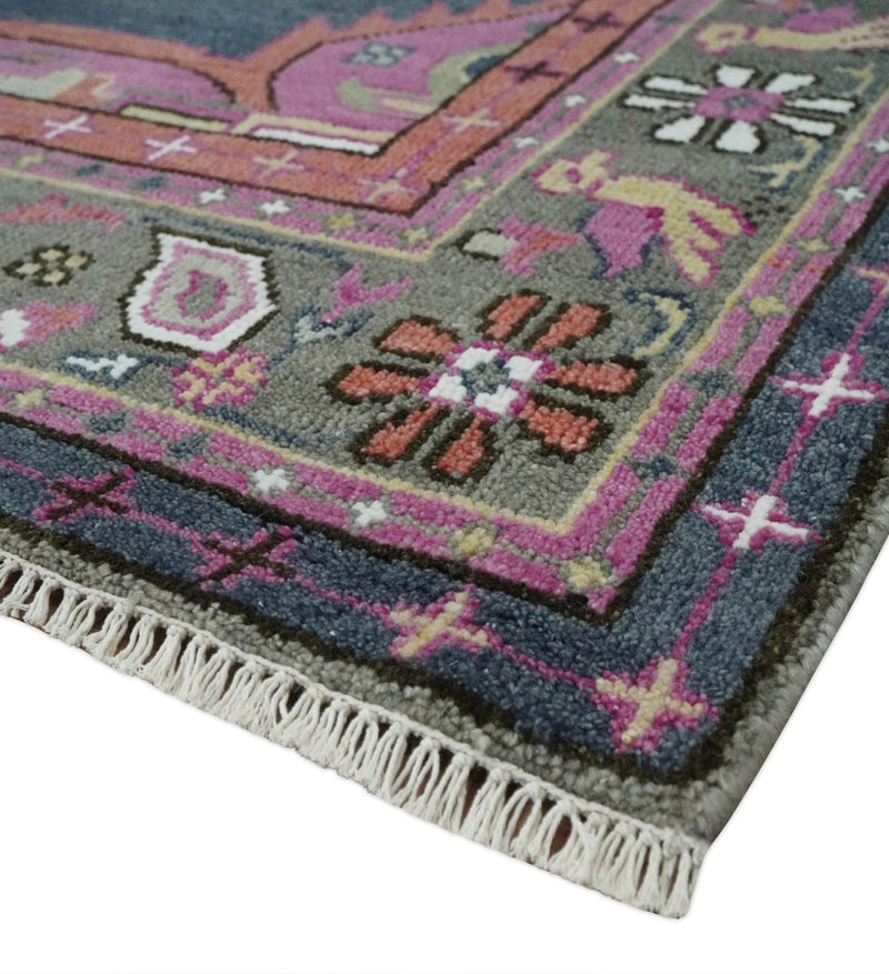 8.3x9.10 Hand Knotted Charcoal, Silver and Pink Traditional Heriz Wool Area Rug