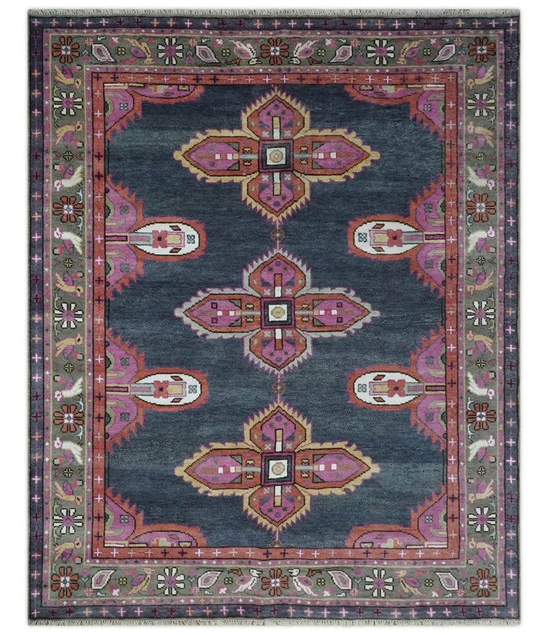 8.3x9.10 Hand Knotted Charcoal, Silver and Pink Traditional Heriz Wool Area Rug
