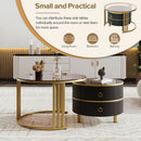 27.5" & 19.6" Stackable Coffee Table with 2 Drawers, Nesting Tables with Brown Tempered Glass and High Gloss Marble Tabletop, Set of 2, Round Center Table for Living Room, Black