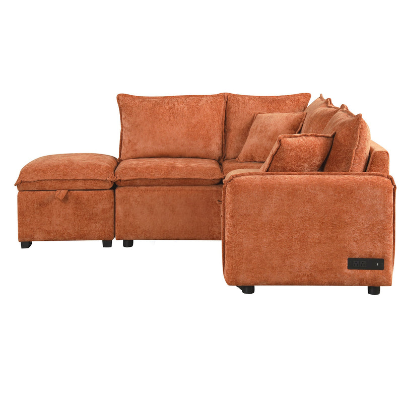 82.67"Convertible Sofa Bed Sectional Sofa Sleeper L-shaped Sofa with a Storage Ottoman,Two Pillows, Two Power Sockets and Two USB Ports for Living Room, Orange