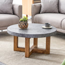 A modern retro circular coffee table with a diameter of 31.4 inches, made of MDF material, suitable for living rooms