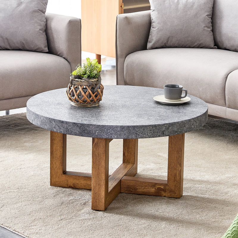 A modern retro circular coffee table with a diameter of 31.4 inches, made of MDF material, suitable for living rooms