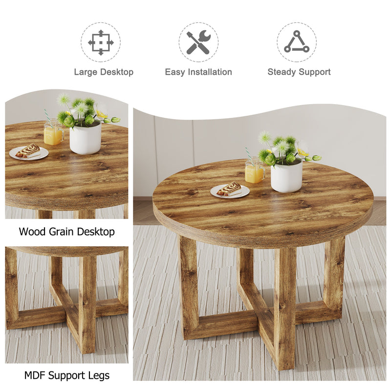 A modern and practical circular dining table. Made of MDF tabletop and wooden MDF table legs. A set of 6 brown cushioned chairs. CT-
