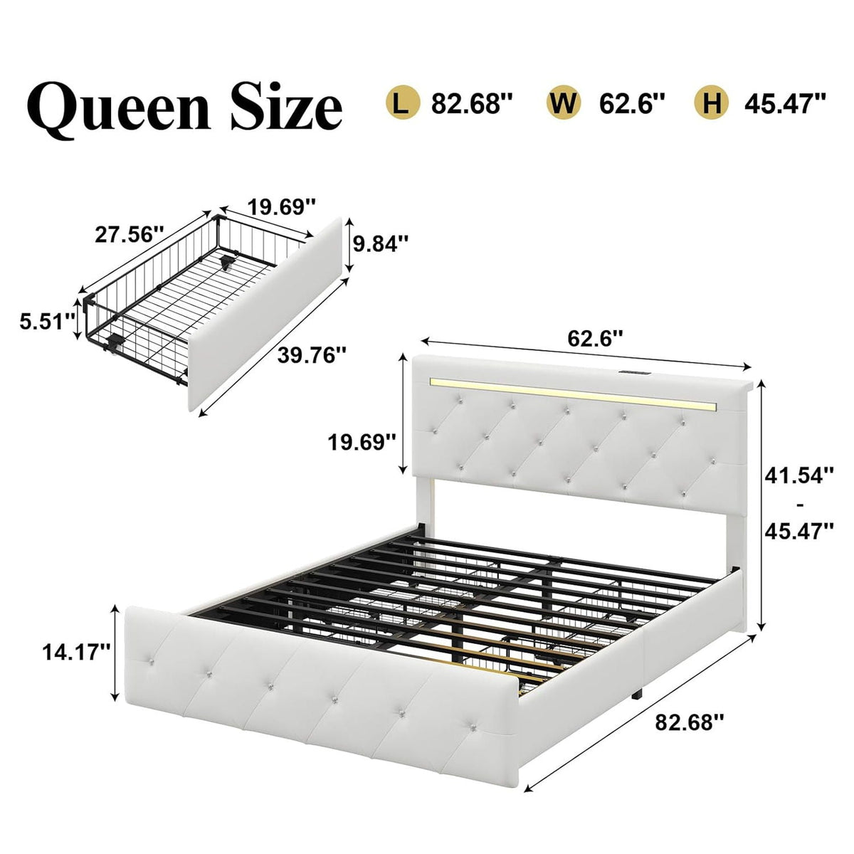 Upholstered Bed Frame With LED Lights, 4 Storage Drawers, Charging Station, photo 20 of 31