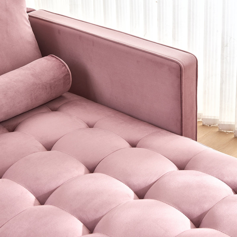 64" Velvet Chaise, Mid-Century Modern Chaise Furniture, Sleeper for Living Room, Apartment, Tool-Free Assembly. (Pink)