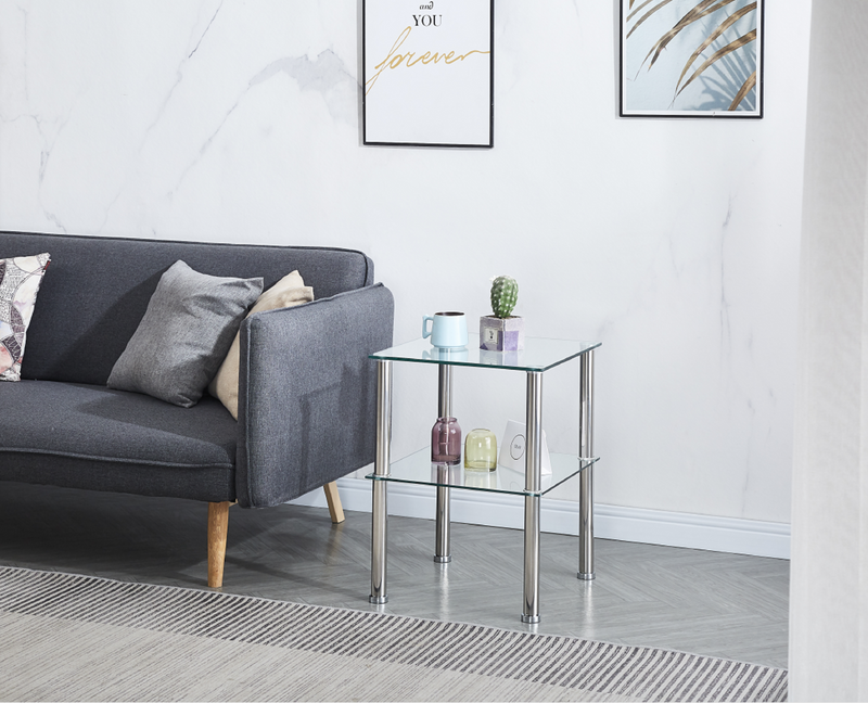 2-Piece Clear Side Table, 2-Tier Space End Table, Modern Night Stand, Sofa table with Storage Shelve for Living Room