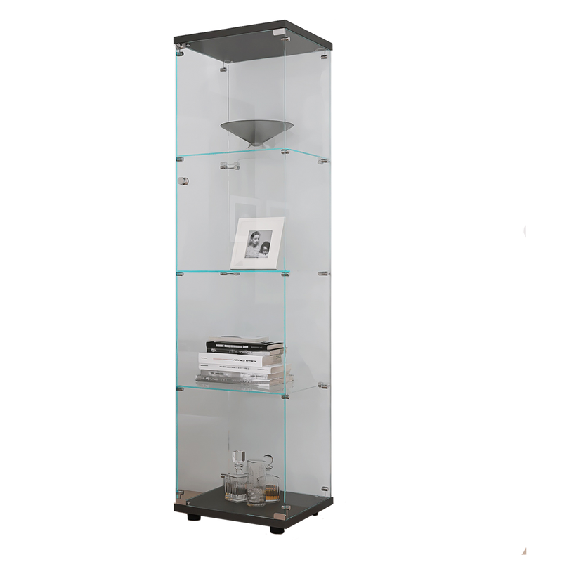 4 Shelves Glass Cabinet Glass Display Cabinet with One Door, Black