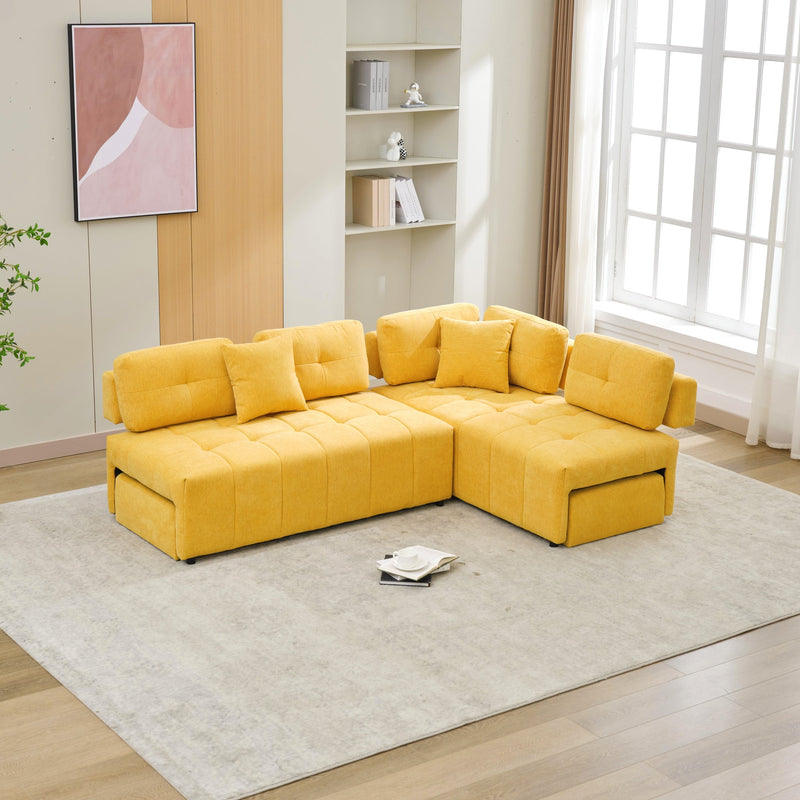 91.73" L-shaped Sofa Sectional Sofa Couch with 2 Stools and 2 Lumbar Pillows for Living Room, Yellow