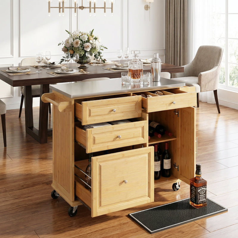Indoor Bamboo Rolling Kitchen Island with Stainless Steel Top, photo 2 of 10