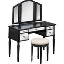 43" Dressing Table Set with Mirrored Drawers and Stool, Tri-fold Mirror, Makeup Vanity Set for Bedroom, Black