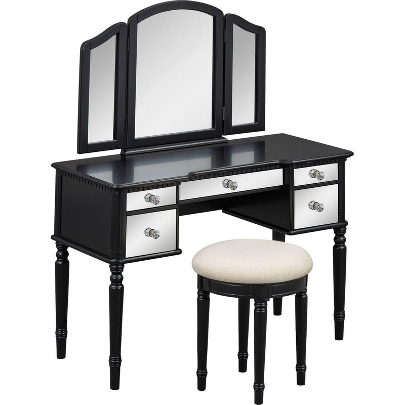 43" Dressing Table Set with Mirrored Drawers and Stool, Tri-fold Mirror, Makeup Vanity Set for Bedroom, Black