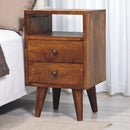 Solid Wood Mini Classic Chestnut Bedside, 2-Drawers, 1 Open Slot, Nordic Legs