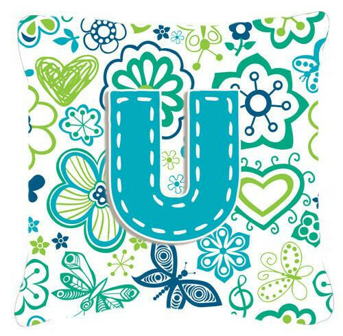 Letter U Flowers and Butterflies Teal Blue Canvas Fabric Decorative Pillow CJ2006-UPW1414