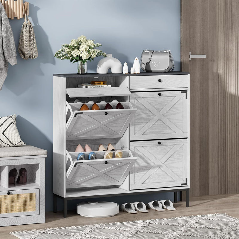 Large Shoe Cabinet with 4 Flip Drawers, Freestanding Shoe Cabinet Organizer with Metal Drawer Bracket, Shoes Storage Cabinet for Entryway, Narrow Shoe Rack Cabinet, White