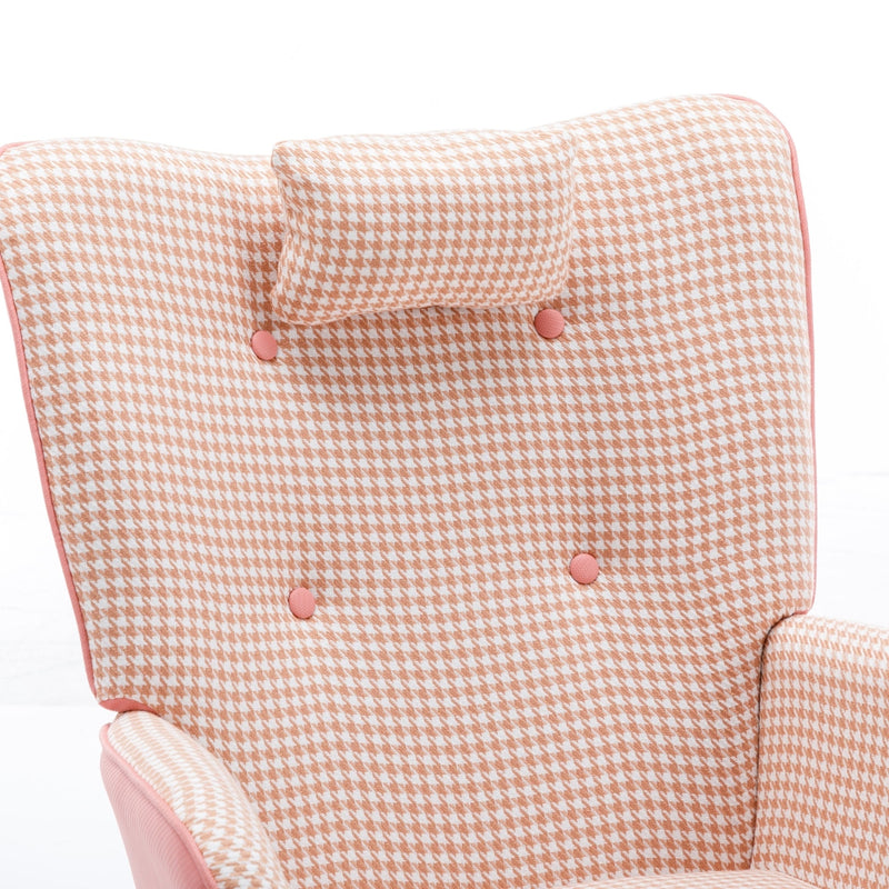 35.5 inch Rocking Chair, Soft Houndstooth Fabric Leather Fabric Rocking Chair for Nursery, Comfy Wingback Glider Rocker with Safe Solid Wood Base for Living Room Bedroom Balcony (pink)