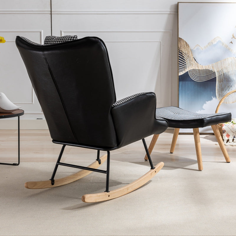 35.5 inch Rocking Chair with Footrest, Soft Houndstooth Fabric Leather Fabric Rocking Chair for Nursery, Comfy Wingback Glider Rocker with Safe Solid Wood Base for Living Room Bedroom Balcony (black)