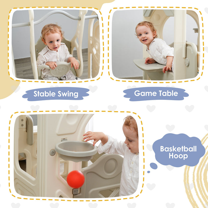 6 in 1 Toddler Slide and Swing Set, Kids Playground Climber Slide Playset with Fairy House, Freestanding Slide for Babies