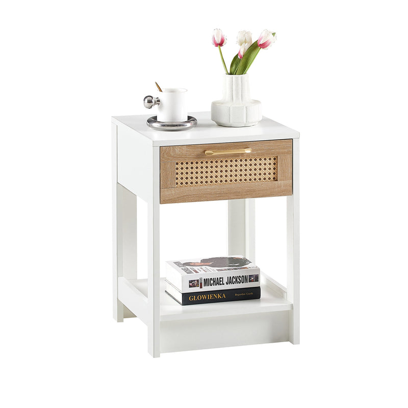 15.75" Rattan End table with drawer, Modern nightstand, side table for living roon, bedroom, white