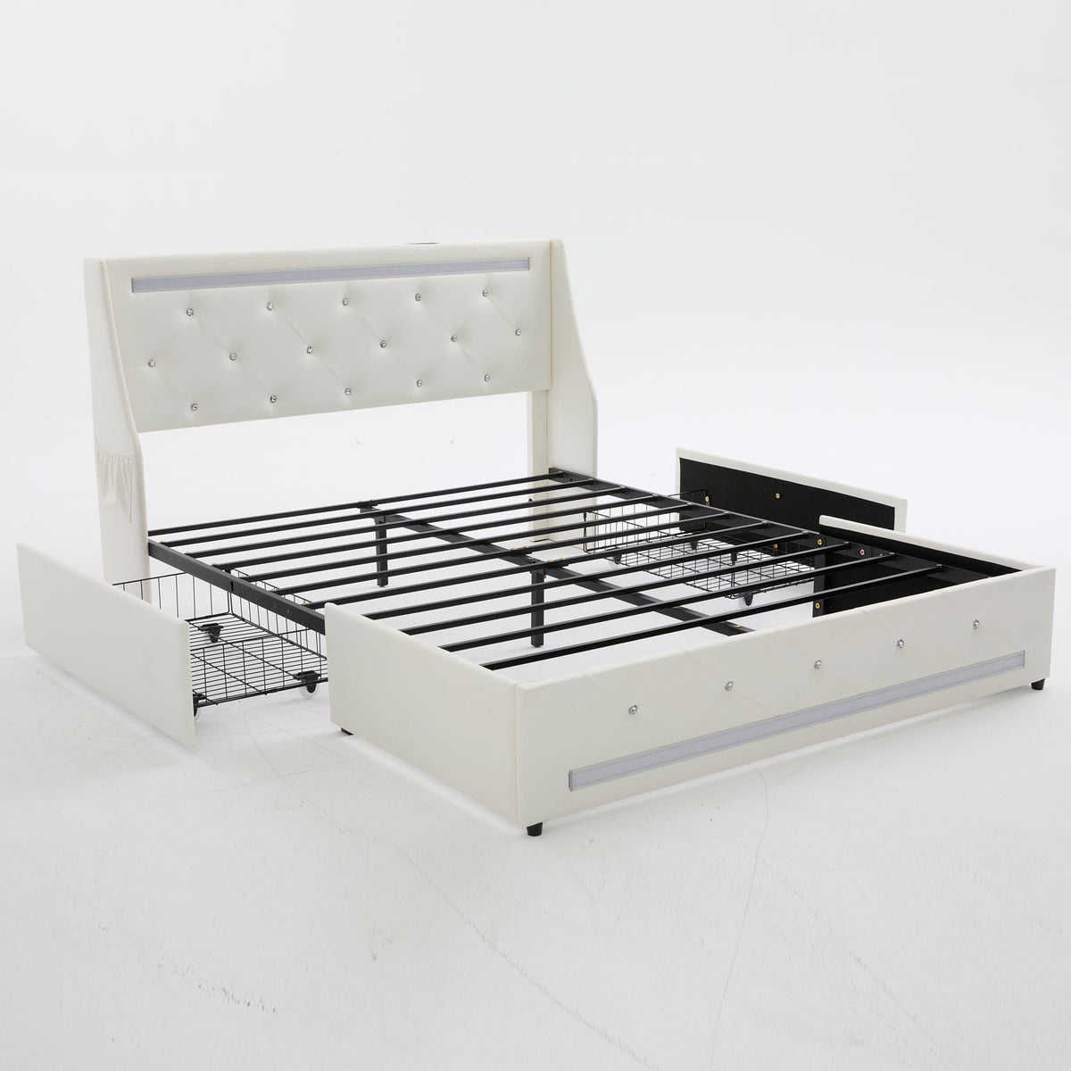 Wingback Upholstered Bed Frame With LED Lights, Charging Station, photo 5 of 40
