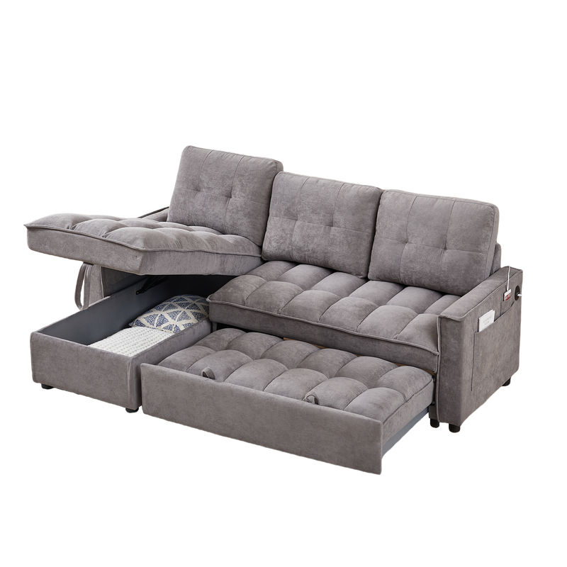 78.75" Reclining Sofa, Pull-Out Sofa Bed with USB and tape-c charging ports, L-Shaped Sectional Sofa with Reclining Storage and Arm Side Organizer Pocket Features, Living Room Comfort Sofa
