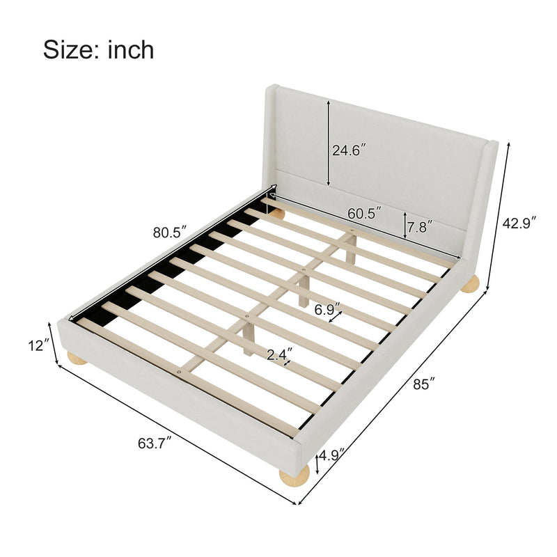 Walker Edison - Modern Boucle Upholstered Platform Bed with Wingback Headboard and Round Wooden Legs, Beige,Queen Size