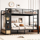 Full Over Full Size Metal Bunk Bed for Teens with Storage Shelves, Drawers and Pegboard