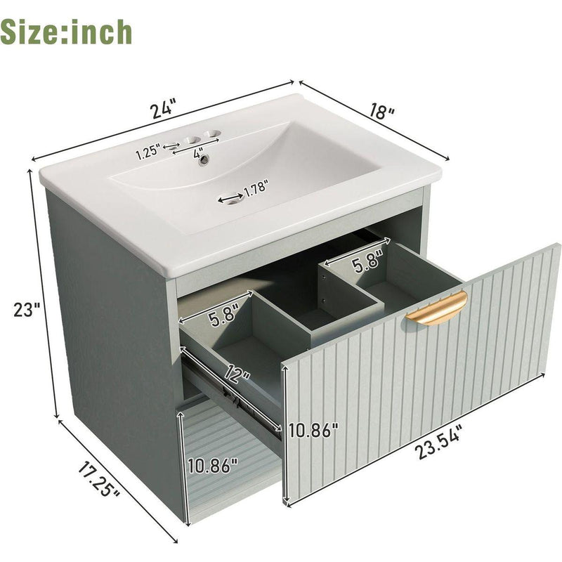 Modern 24-Inch Wall-Mounted Bathroom vanity with 2 Drawers, Green - Ideal for Small Bathrooms