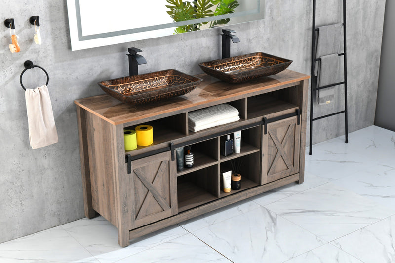 22.25" L -14.5" W -4.5" H Golden Handmade Glass Rectangle Vessel Bathroom Sink in Brown and Gold Fusion Finish with Faucet and Pop-Up Drain in Matte Black