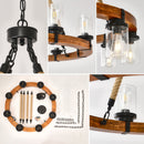 8 Light Rustic Wagon Wheel Chandelier, 31" Wooden Pendant Light with Seeded Glass Shade
