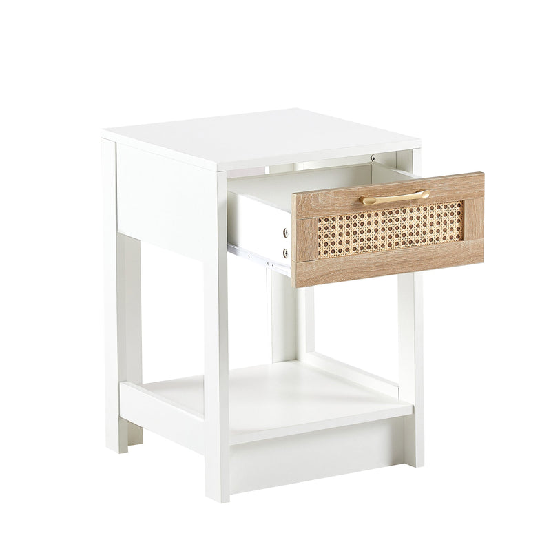 15.75" Rattan End table with drawer, Modern nightstand, side table for living roon, bedroom, white