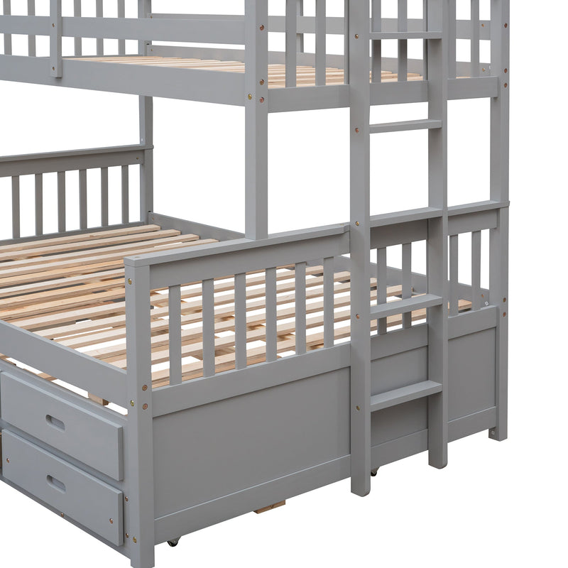 Twin-Over-Full Bunk Bed with Twin size Trundle, Separable Bunk Bed with Drawers for Bedroom - Gray