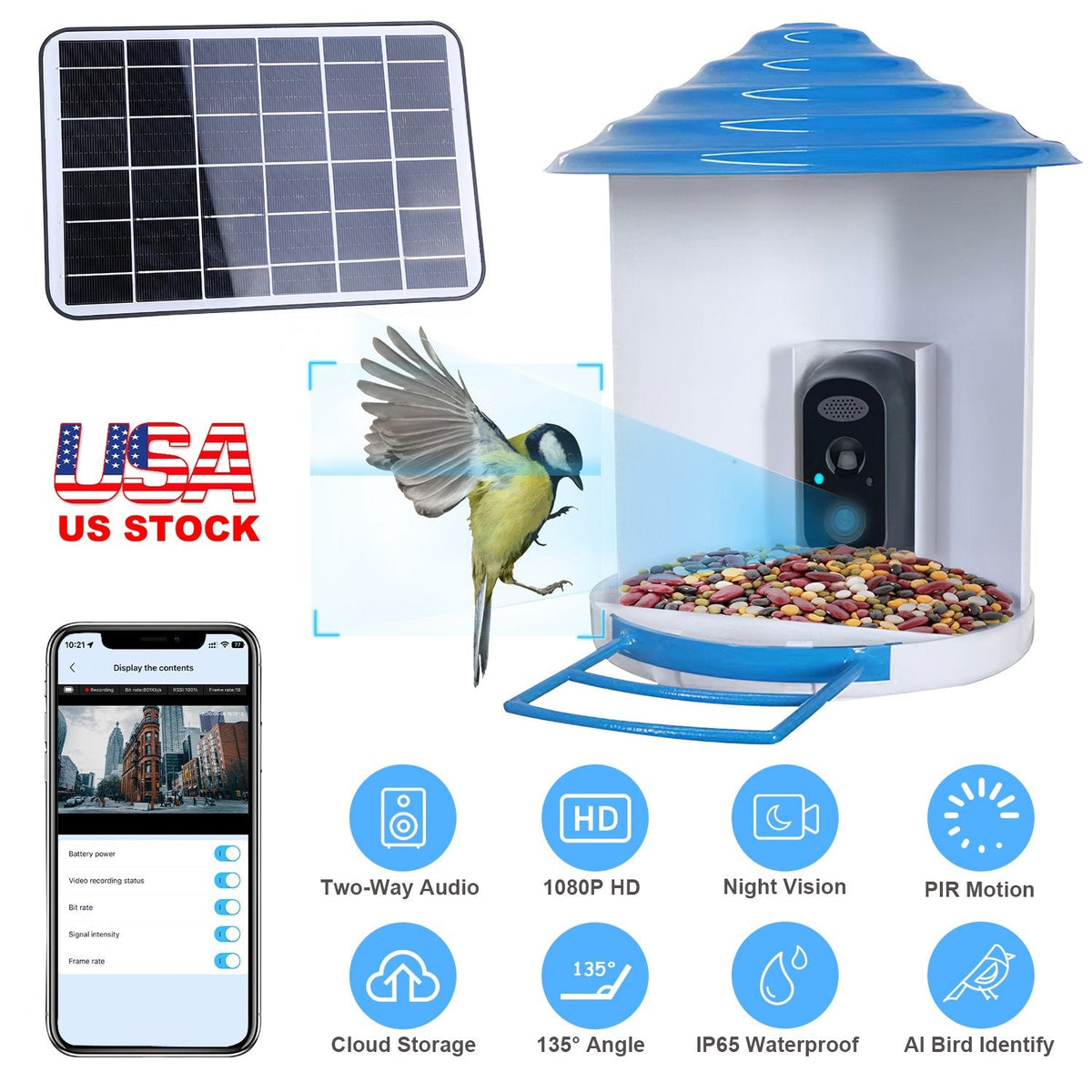 Smart Bird Feeder with Solar Powered Camera 1080P HD AI Identify PIR Motion Auto Capture Video Cloud Card Storage WiFi Connection App Control IP65 Wat, photo 12 of 14