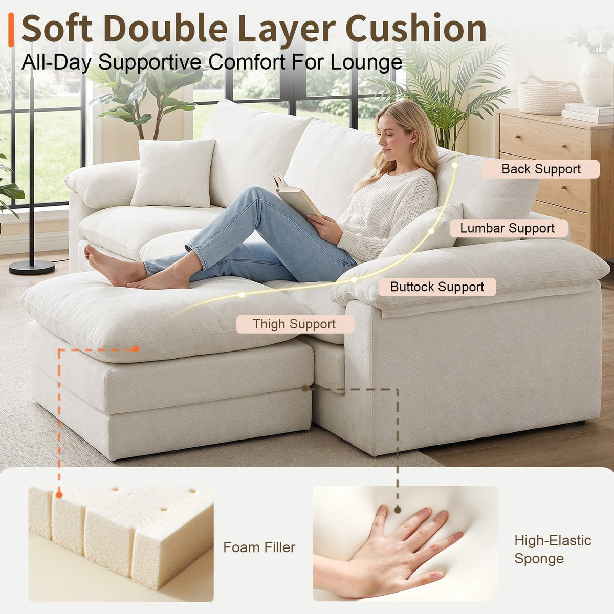 Modular U-Shape Sectional Sofa with Movable Ottoman, Chenille, Beige, photo 5 of 10