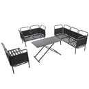 5-Piece Modern Patio Sectional Sofa Set Outdoor Woven Rope Furniture Set with Glass Table and Cushions, Black+Gray