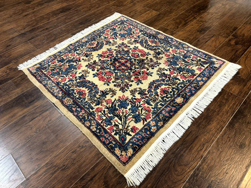 Square Persian Kerman Rug 4x4, Ivory Blue Pink, Handmade, Fine 225 KPSI