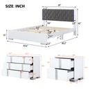 4-Pieces Bedroom Sets Queen Size Upholstered Bed with LED Lights, Mirrored Nightstands and Dresser with Metal Handles and Legs,White