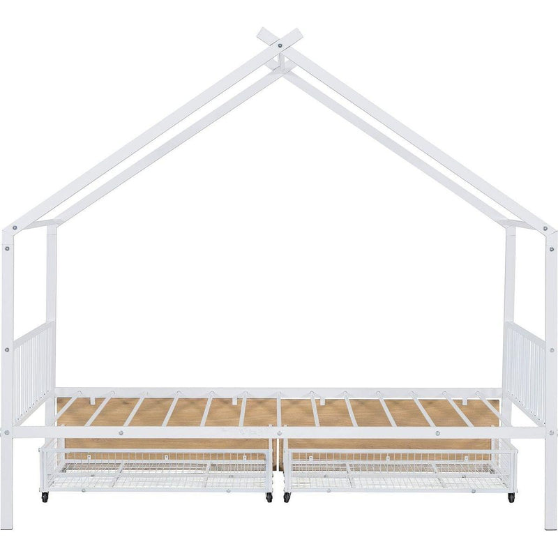 Twin Size Metal House Bed with Two Drawers, White