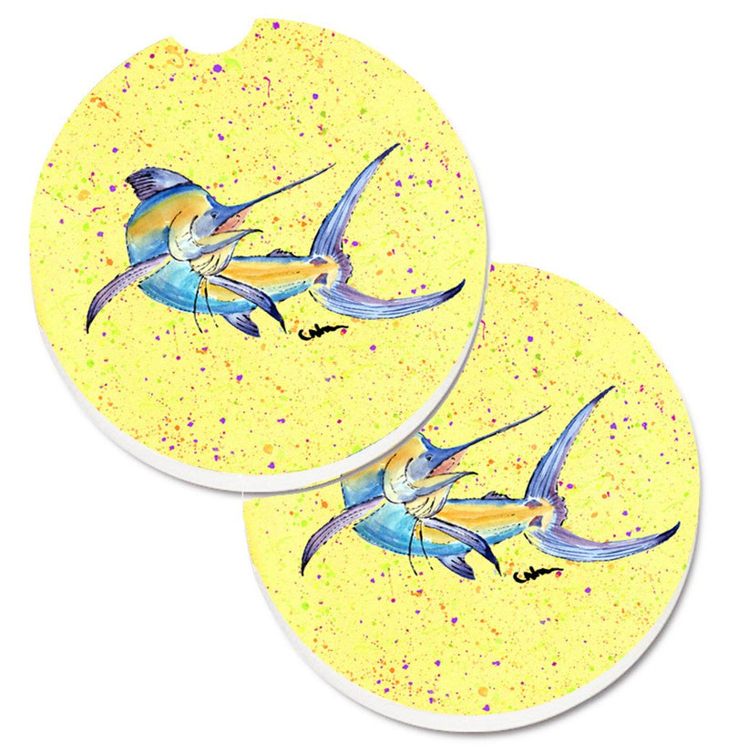 Blue Marlin on Yellow Car Coasters – Set of 2 - Absorbent Stone with Fun & Functional Artwork 8533CARC