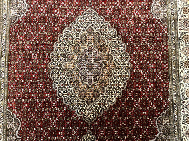 Persian Rug 5x7, Very Fine 330 KPSI, Red and Ivory, Herati Mahi Pattern, Wool & Silk
