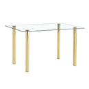 A modern minimalist style glass dining table. Transparent tempered glass tabletop with a thickness of 0.3 feet and golden metal legs. Suitable for restaurants and living rooms. 51"x31.4"x29.5"