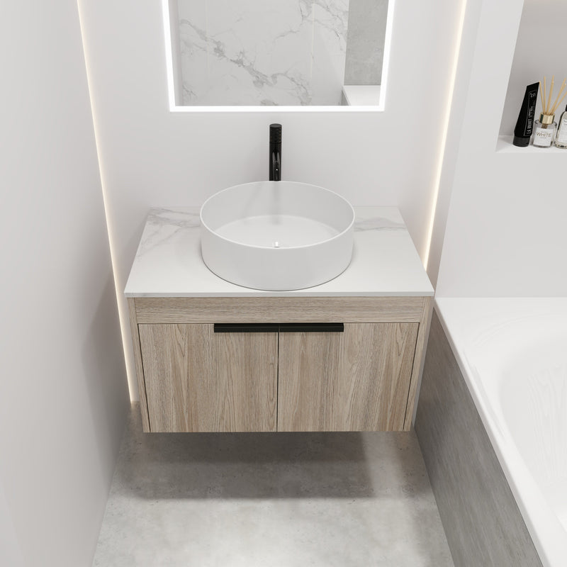 30" Modern Design Float Bathroom Vanity With Ceramic Basin Set, Wall Mounted White Oak Vanity With Soft Close Door, KD-PackingD-Packing Pieces