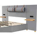 Full size upholstered platform bed with two outlets and USB charging ports on both sides, two bedside pillows, storage shelf, Velvet,Gray